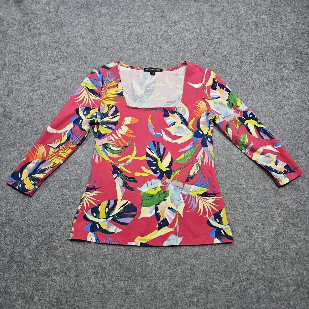 Boston Proper Shirt Womens Med Floral Tropical Stretch 3/4 Sleeve Pullover Top